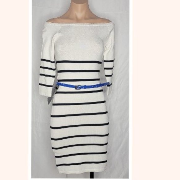 bebe Striped Off Shoulder 3/4 Sleeve Bodycon Mini Dress Size M - Picture 1 of 6